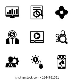 9 mit Management gefüllte Symbole einzeln auf weißem Hintergrund. Symbole, die mit SEO-Überwachung, SEO-Optimierung, Start-up-Team, Entrepreneurship, Video-Marketing, Zielsymbole für Zuschauer festgelegt werden.