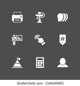9 management icons in vector set. print, rank, calculator and healthcare and medical illustration for web and graphic design