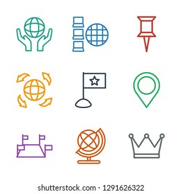 9 map icons. Trendy map icons white background. Included outline icons such as crown, globe, locations, map location, flag, pin, internet, holding globe. icon for web and mobile.