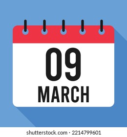 9 March Calendar.  Blue Background. 
Vector Calendar.