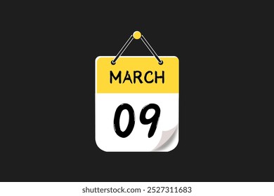 Diseño web mensual de la página de texto del ícono del calendario del 9 de marzo en el Vector, el ícono o la ilustración amarillos, negros y blancos del fondo con el mes del 9 de marzo