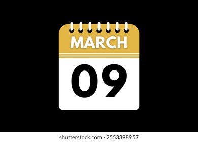9 March calendar icon text page monthly web design on golden, black, and white background vector, icon, or illustration with the month of March 9