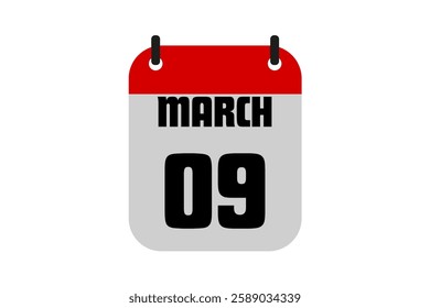 9 March calendar icon text page monthly web design on red, black and white background vector, icon, or illustration with the month of March 9