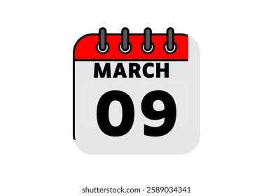 9 March calendar icon text page monthly web design on red, black and white background vector, icon, or illustration with the month of March 9