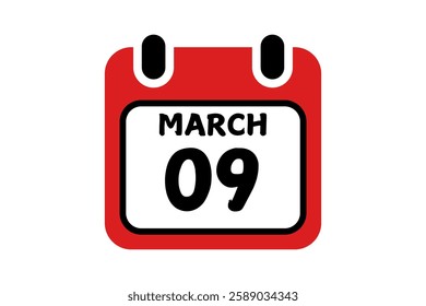 9 March calendar icon text page monthly web design on red, black and white background vector, icon, or illustration with the month of March 9