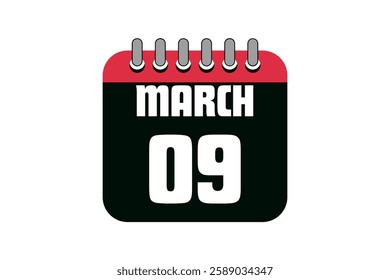 9 March calendar icon text page monthly web design on red, black and white background vector, icon, or illustration with the month of March 9