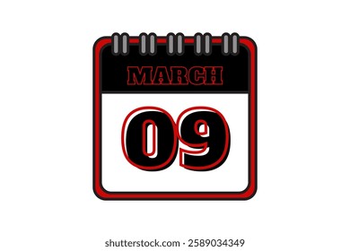 9 March calendar icon text page monthly web design on red, black and white background vector, icon, or illustration with the month of March 9