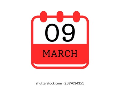 9 March calendar icon text page monthly web design on red, black and white background vector, icon, or illustration with the month of March 9