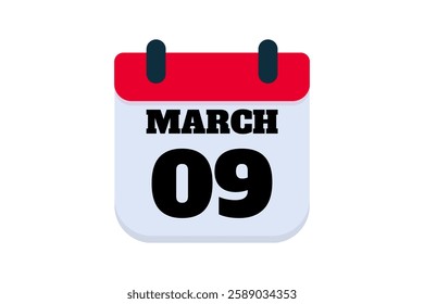 9 March calendar icon text page monthly web design on red, black and white background vector, icon, or illustration with the month of March 9