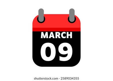 9 March calendar icon text page monthly web design on red, black and white background vector, icon, or illustration with the month of March 9