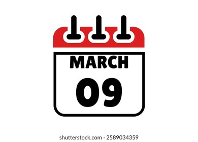 9 March calendar icon text page monthly web design on red, black and white background vector, icon, or illustration with the month of March 9