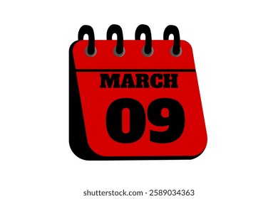 9 March calendar icon text page monthly web design on red, black and white background vector, icon, or illustration with the month of March 9