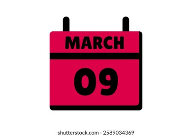 9 March calendar icon text page monthly web design on red, black and white background vector, icon, or illustration with the month of March 9