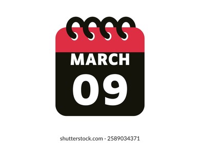 9 March calendar icon text page monthly web design on red, black and white background vector, icon, or illustration with the month of March 9