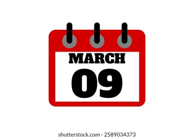 9 March calendar icon text page monthly web design on red, black and white background vector, icon, or illustration with the month of March 9