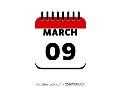 9 March calendar icon text page monthly web design on red, black and white background vector, icon, or illustration with the month of March 9