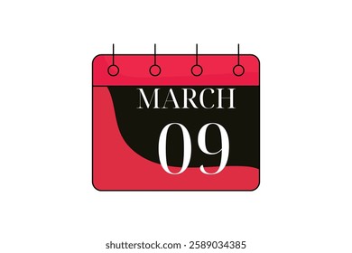 9 March calendar icon text page monthly web design on red, black and white background vector, icon, or illustration with the month of March 9