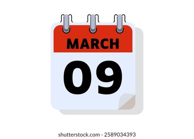 9 March calendar icon text page monthly web design on red, black and white background vector, icon, or illustration with the month of March 9
