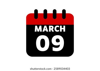 9 March calendar icon text page monthly web design on red, black and white background vector, icon, or illustration with the month of March 9