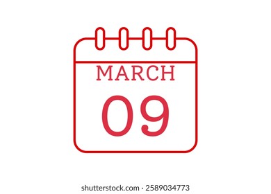 9 March calendar icon text page monthly web design on red and white background vector, icon, or illustration with the month of March 9