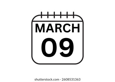 9 March calendar icon text page monthly web design on black and white background vector, icon, or illustration with the month of March 9