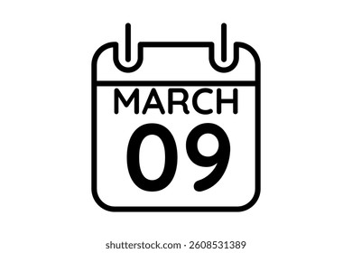 9 March calendar icon text page monthly web design on black and white background vector, icon, or illustration with the month of March 9