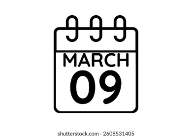 9 March calendar icon text page monthly web design on black and white background vector, icon, or illustration with the month of March 9