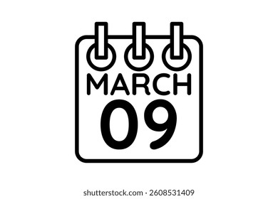 9 March calendar icon text page monthly web design on black and white background vector, icon, or illustration with the month of March 9