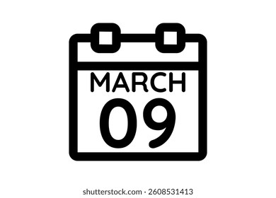 9 March calendar icon text page monthly web design on black and white background vector, icon, or illustration with the month of March 9
