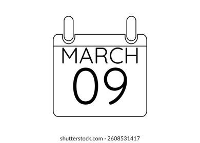 9 March calendar icon text page monthly web design on black and white background vector, icon, or illustration with the month of March 9