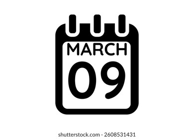 9 March calendar icon text page monthly web design on black and white background vector, icon, or illustration with the month of March 9