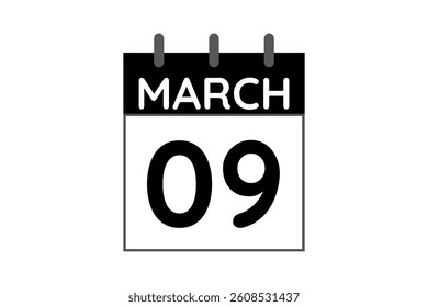 9 March calendar icon text page monthly web design on black and white background vector, icon, or illustration with the month of March 9