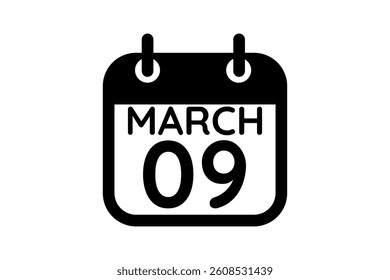 9 March calendar icon text page monthly web design on black and white background vector, icon, or illustration with the month of March 9
