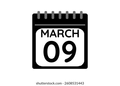 9 March calendar icon text page monthly web design on black and white background vector, icon, or illustration with the month of March 9