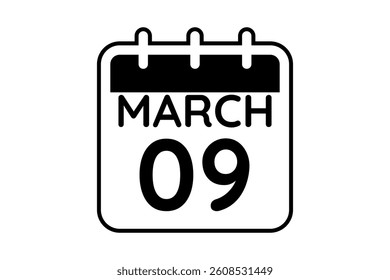 9 March calendar icon text page monthly web design on black and white background vector, icon, or illustration with the month of March 9