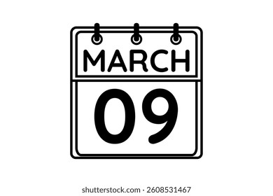 9 March calendar icon text page monthly web design on black and white background vector, icon, or illustration with the month of March 9