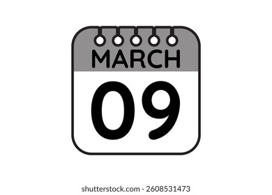 9 March calendar icon text page monthly web design on black and white background vector, icon, or illustration with the month of March 9