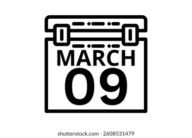 9 March calendar icon text page monthly web design on black and white background vector, icon, or illustration with the month of March 9