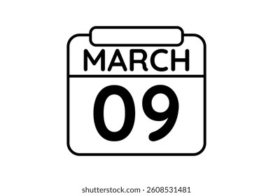 9 March calendar icon text page monthly web design on black and white background vector, icon, or illustration with the month of March 9
