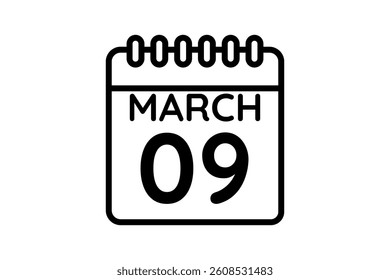 9 March calendar icon text page monthly web design on black and white background vector, icon, or illustration with the month of March 9