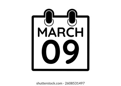 9 March calendar icon text page monthly web design on black and white background vector, icon, or illustration with the month of March 9