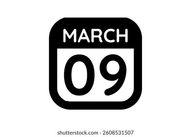 9 March calendar icon text page monthly web design on black and white background vector, icon, or illustration with the month of March 9