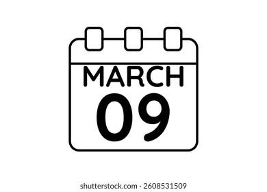 9 March calendar icon text page monthly web design on black and white background vector, icon, or illustration with the month of March 9