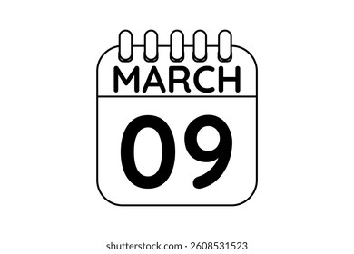 9 March calendar icon text page monthly web design on black and white background vector, icon, or illustration with the month of March 9