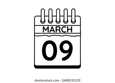 9 March calendar icon text page monthly web design on black and white background vector, icon, or illustration with the month of March 9