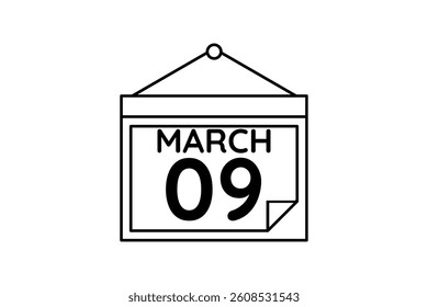 9 March calendar icon text page monthly web design on black and white background vector, icon, or illustration with the month of March 9