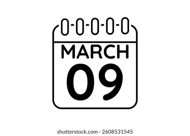 9 March calendar icon text page monthly web design on black and white background vector, icon, or illustration with the month of March 9