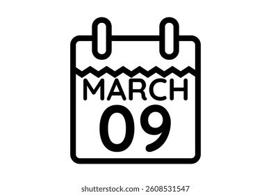 9 March calendar icon text page monthly web design on black and white background vector, icon, or illustration with the month of March 9