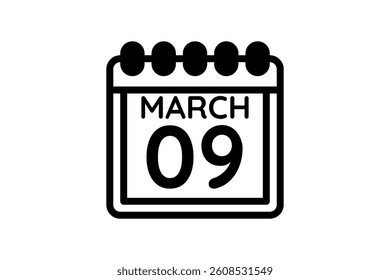 9 March calendar icon text page monthly web design on black and white background vector, icon, or illustration with the month of March 9