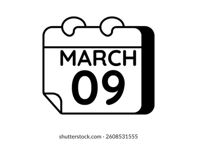 9 March calendar icon text page monthly web design on black and white background vector, icon, or illustration with the month of March 9